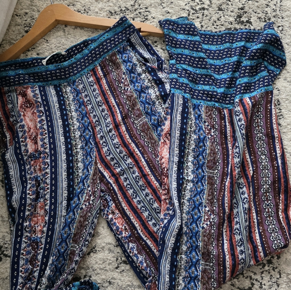 Wideleg Boho Patterned Pants Womens S Tilly Anne Blue Multicolor